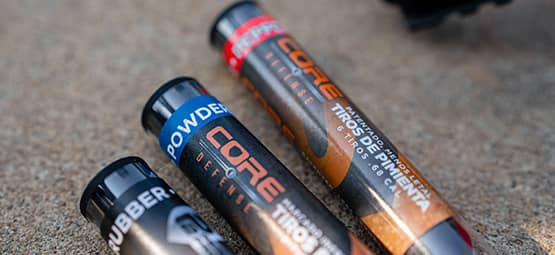 Tubes of less lethal Core Defense and rubber ball ammo